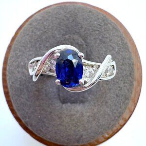 VTG Sterling Silver 925 Synthetic Sapphire Prong Set Wave Design Ring Size 6.75